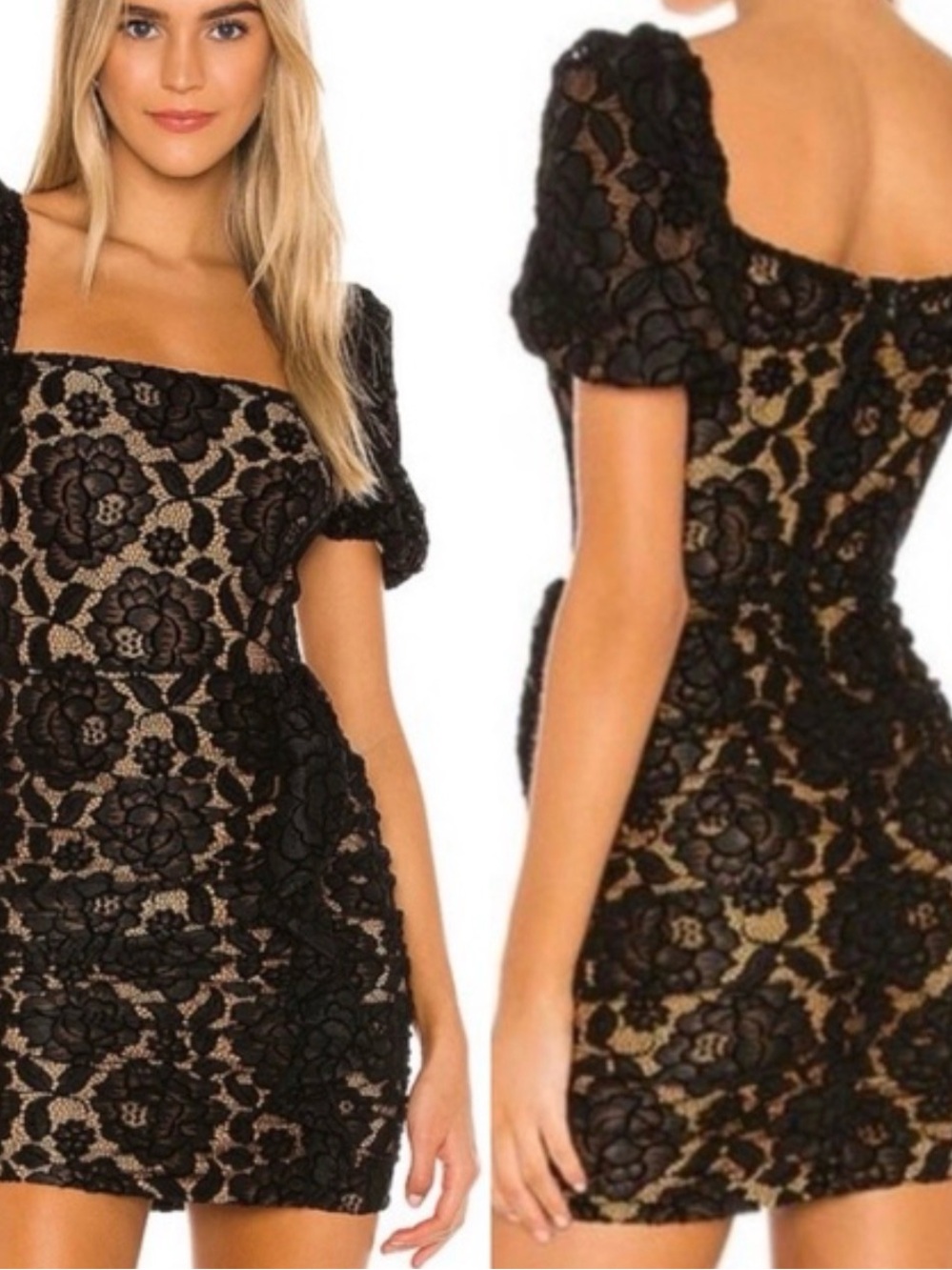 Majorelle Black Lace Mini Dress Size L Square Neck Puff Sleeve Tan Liner Party